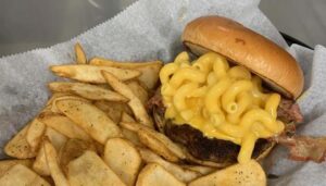 MOB mac and cheese burger at Mastricola's On Broadway Berlin, WI restaurant, bar, grill and venue banquet hall